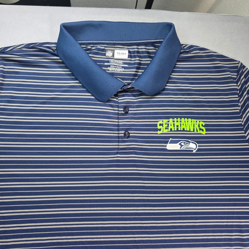 NFL Team Apparel Seattle Seahawks Mens 3XL Striped‎ Polo Shirt Navy Blue Grey